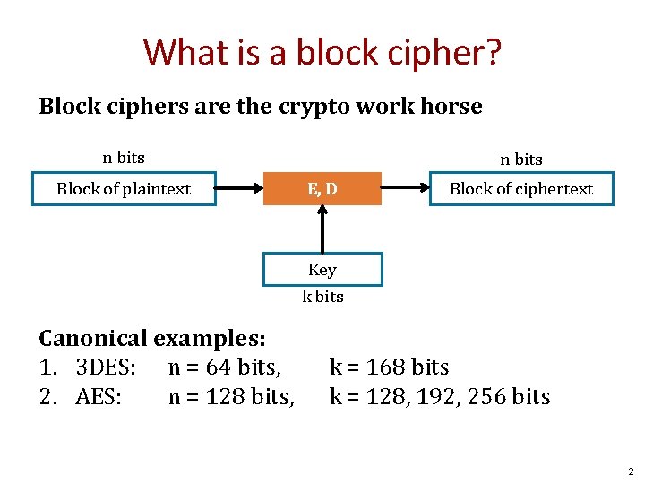 What is a block cipher? Block ciphers are the crypto work horse n bits