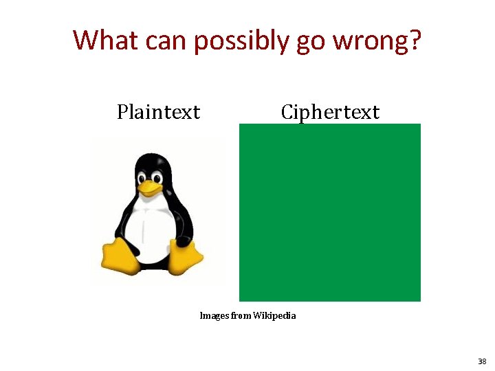 What can possibly go wrong? Plaintext Ciphertext Images from Wikipedia 38 