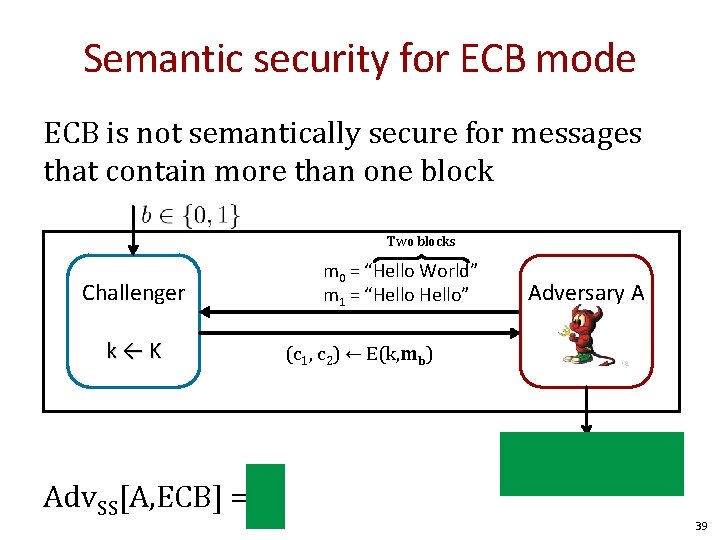 Semantic security for ECB mode ECB is not semantically secure for messages that contain