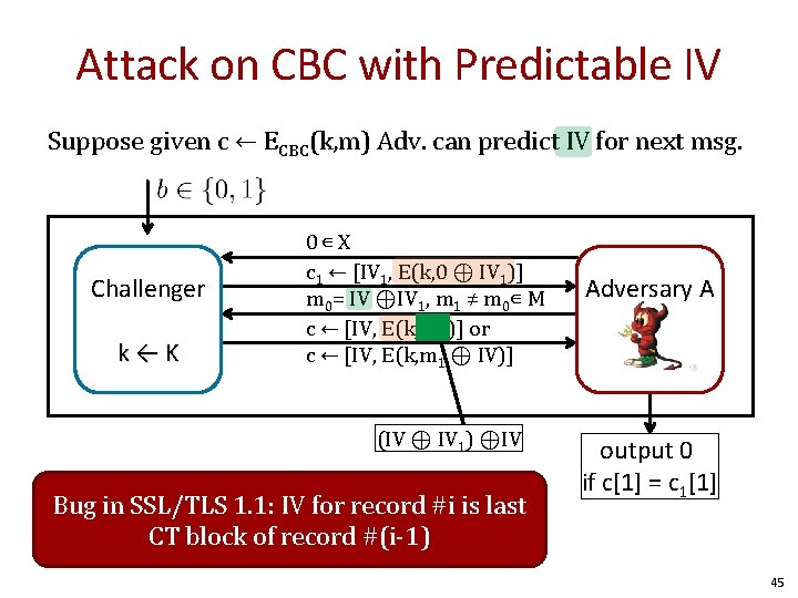 Attack on CBC with Predictable IV Suppose given c ← ECBC(k, m) Adv. can