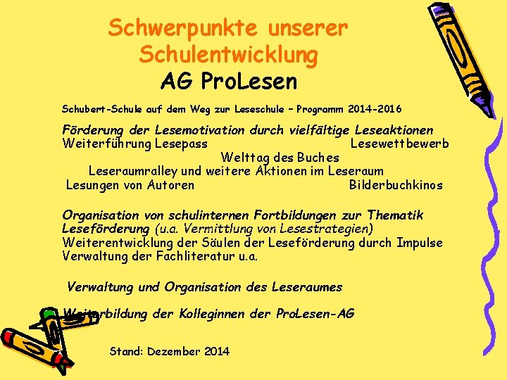 Schwerpunkte unserer Schulentwicklung AG Pro. Lesen Schubert-Schule auf dem Weg zur Leseschule – Programm