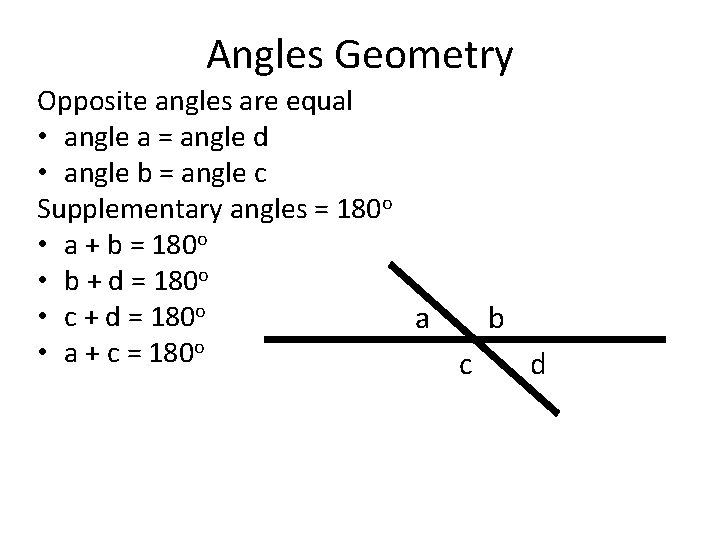 Angles Geometry Opposite angles are equal • angle a = angle d • angle