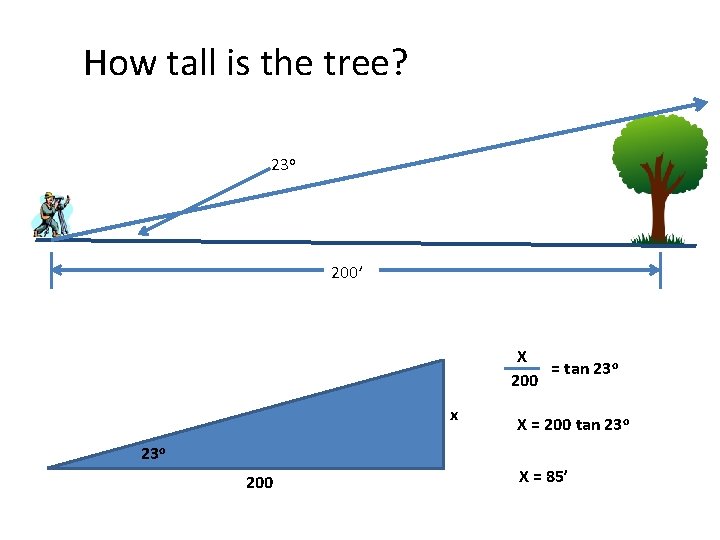 How tall is the tree? 23 o 200’ X = tan 23 o 200