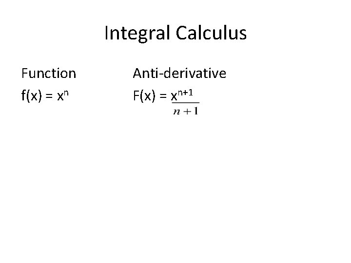Integral Calculus Function Anti-derivative f(x) = xn F(x) = xn+1 