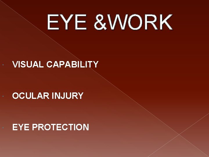 EYE &WORK VISUAL CAPABILITY OCULAR INJURY EYE PROTECTION 