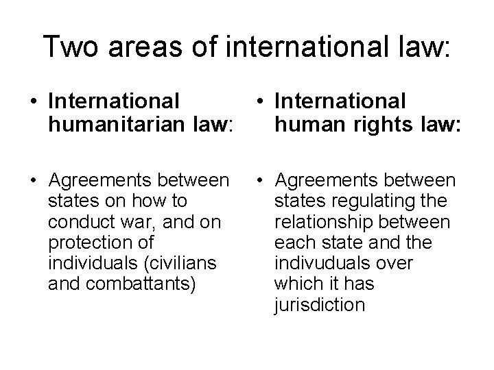 Two areas of international law: • International humanitarian law: • International human rights law: