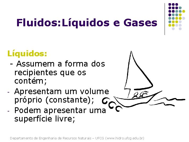 Fluidos: Líquidos e Gases Líquidos: - Assumem a forma dos recipientes que os contém;