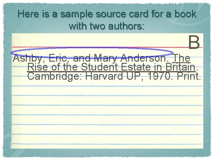 Here is a sample source card for a book with two authors: B Ashby,