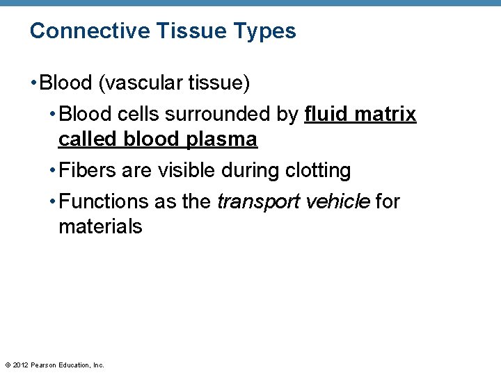 Connective Tissue Types • Blood (vascular tissue) • Blood cells surrounded by fluid matrix