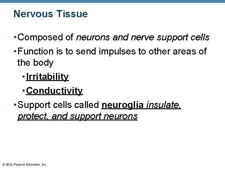 Nervous Tissue • Composed of neurons and nerve support cells • Function is to