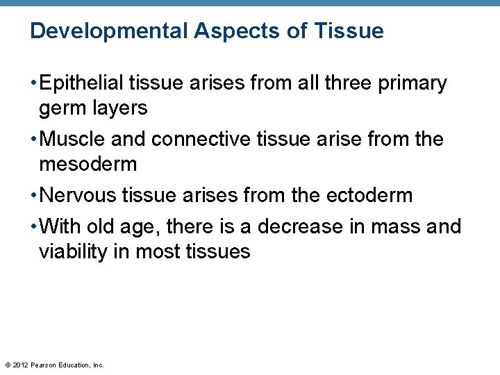 Developmental Aspects of Tissue • Epithelial tissue arises from all three primary germ layers