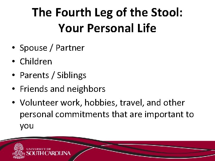 The Fourth Leg of the Stool: Your Personal Life • • • Spouse /