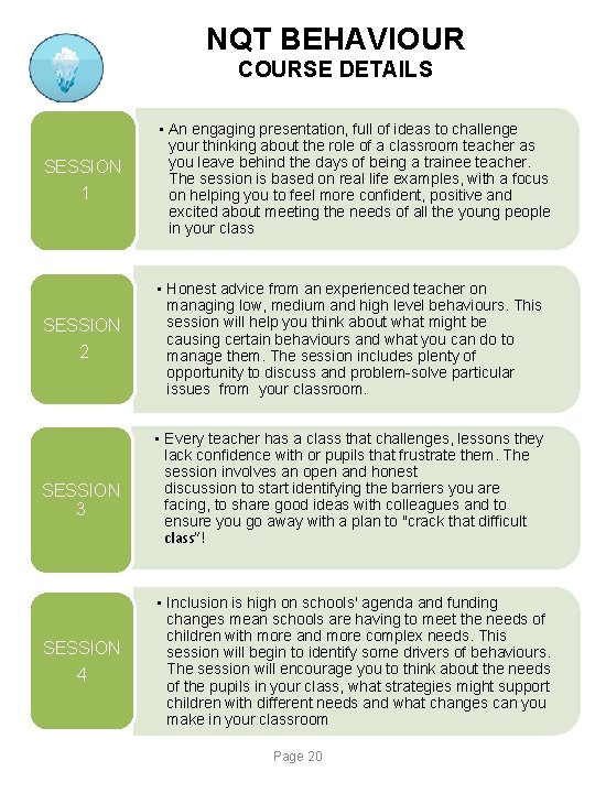 NQT BEHAVIOUR COURSE DETAILS SESSION 1 SESSION 2 SESSION 3 SESSION 4 • An