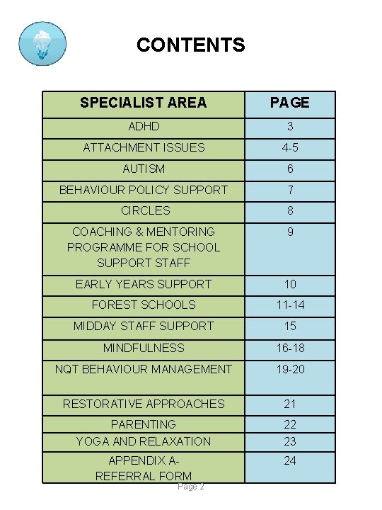 CONTENTS SPECIALIST AREA PAGE ADHD 3 ATTACHMENT ISSUES 4 -5 AUTISM 6 BEHAVIOUR POLICY