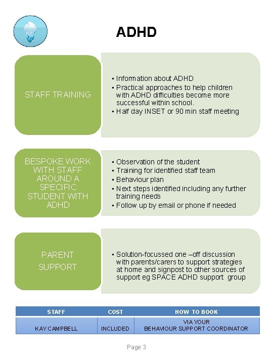 ADHD STAFF TRAINING • Information about ADHD • Practical approaches to help children with