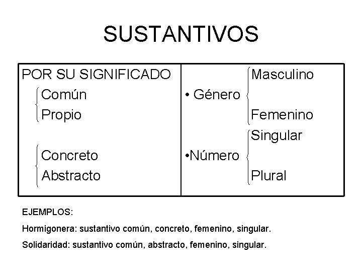 SUSTANTIVOS POR SU SIGNIFICADO Masculino Común • Género Propio Femenino Singular Concreto • Número