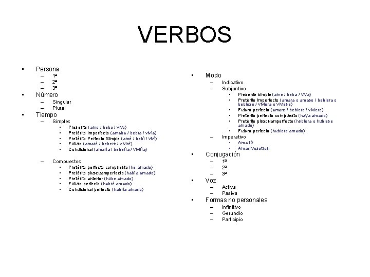 VERBOS • Persona – – – • Modo – – Indicativo Subjuntivo • •