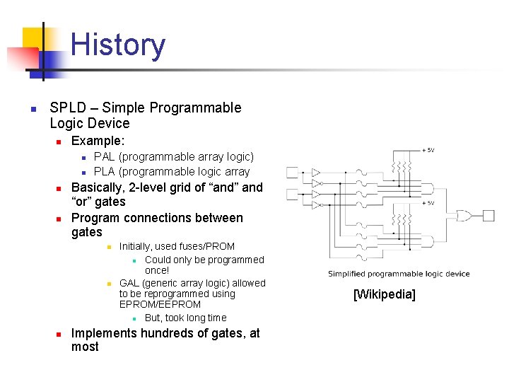 History n SPLD – Simple Programmable Logic Device n Example: n n PAL (programmable