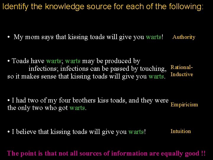 Identify the knowledge source for each of the following: • My mom says that