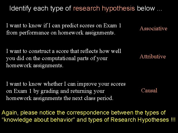 Identify each type of research hypothesis below. . . I want to know if