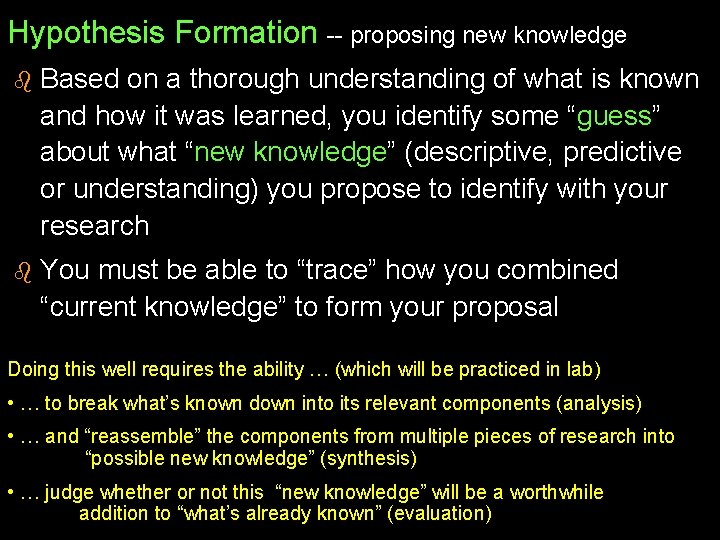 Hypothesis Formation -- proposing new knowledge b Based on a thorough understanding of what