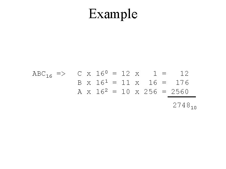 Example ABC 16 => C x 160 = 12 x 1 = 12 B