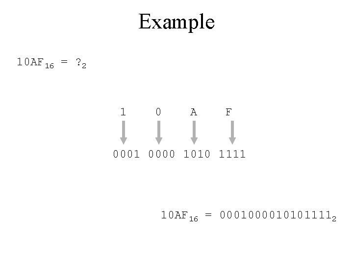 Example 10 AF 16 = ? 2 1 0 A F 0001 0000 1010