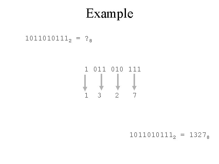 Example 10110101112 = ? 8 1 010 111 1 3 2 7 10110101112 =