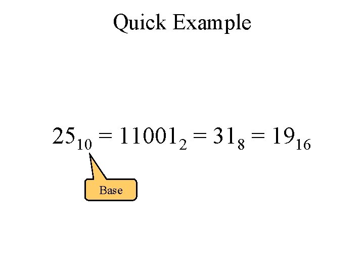 Quick Example 2510 = 110012 = 318 = 1916 Base 