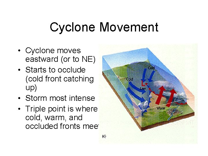 Cyclone Movement • Cyclone moves eastward (or to NE) • Starts to occlude (cold