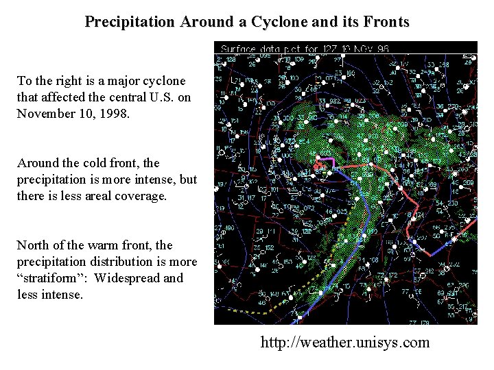 Precipitation Around a Cyclone and its Fronts To the right is a major cyclone