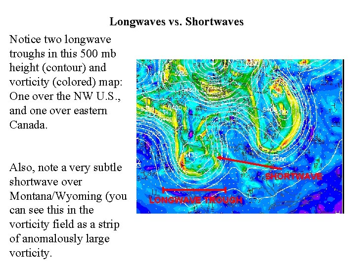 Longwaves vs. Shortwaves Notice two longwave troughs in this 500 mb height (contour) and