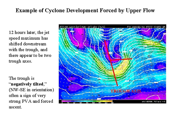 Example of Cyclone Development Forced by Upper Flow 12 hours later, the jet speed