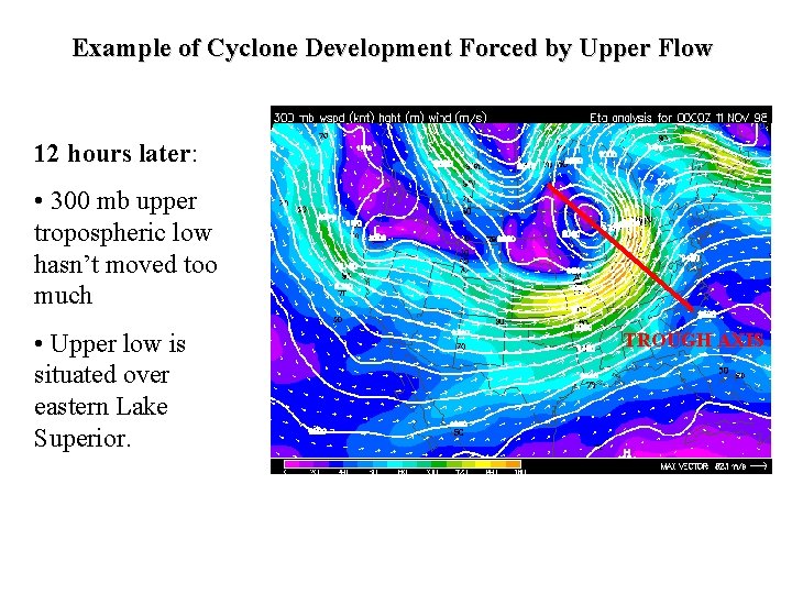 Example of Cyclone Development Forced by Upper Flow 12 hours later: • 300 mb