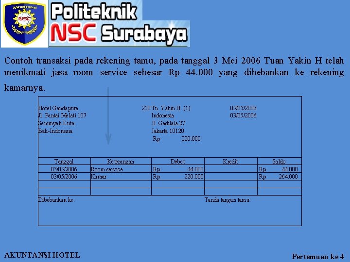 Contoh transaksi pada rekening tamu, pada tanggal 3 Mei 2006 Tuan Yakin H telah