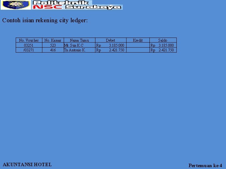 Contoh isian rekening city ledger: No. Voucher 03251 /03271 No. Kamar Nama Tamu 523