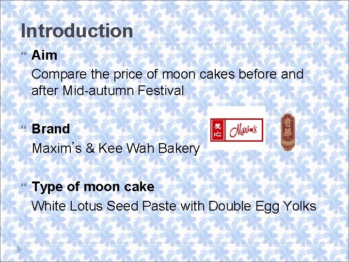 Introduction Aim Compare the price of moon cakes before and after Mid-autumn Festival Brand