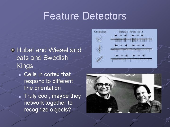 Feature Detectors Hubel and Wiesel and cats and Swedish Kings n n Cells in