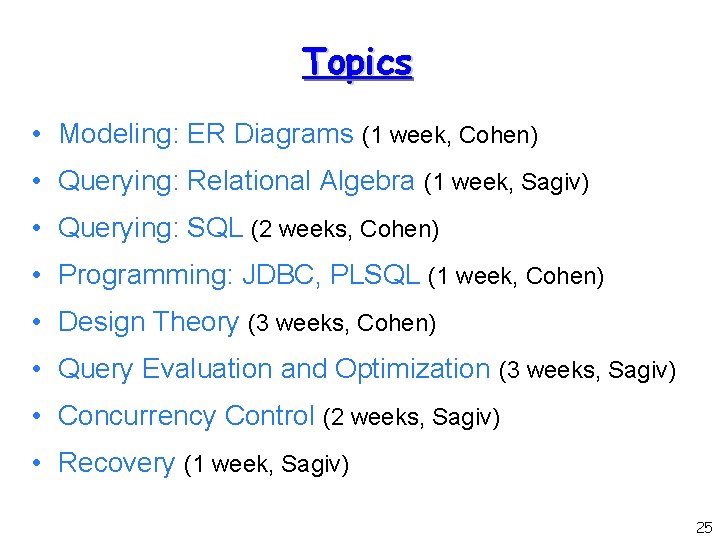 Topics • Modeling: ER Diagrams (1 week, Cohen) • Querying: Relational Algebra (1 week,