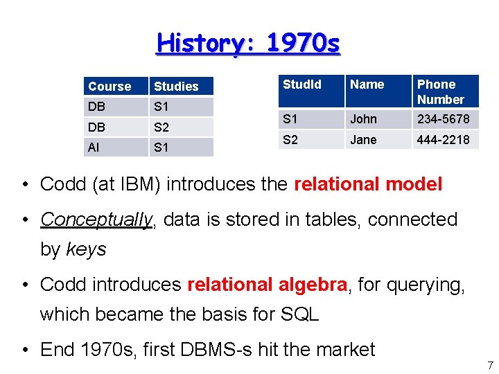 History: 1970 s Course Studies DB S 1 DB S 2 AI S 1