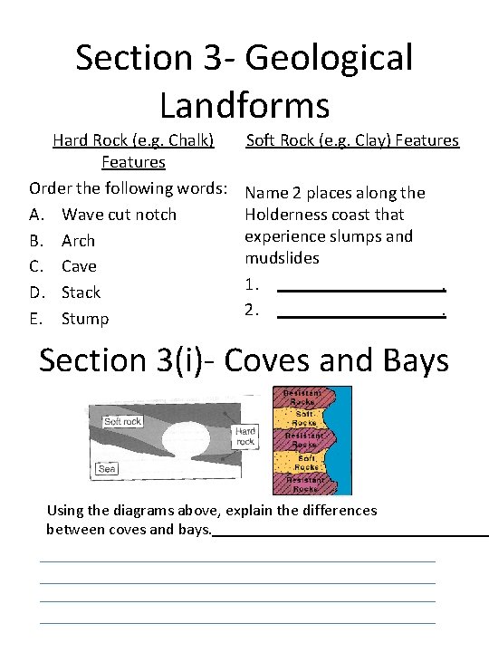 Section 3 - Geological Landforms Hard Rock (e. g. Chalk) Features Order the following