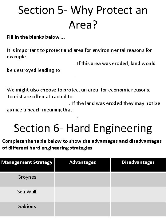 Section 5 - Why Protect an Area? Fill in the blanks below…. It is