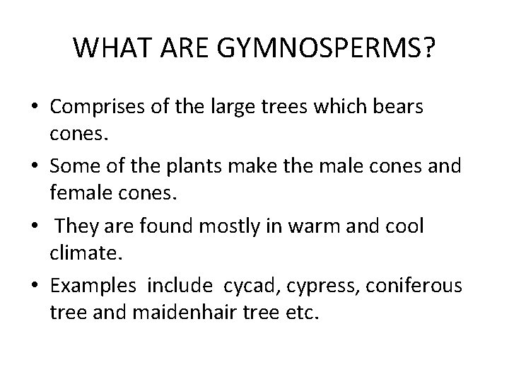 WHAT ARE GYMNOSPERMS? • Comprises of the large trees which bears cones. • Some