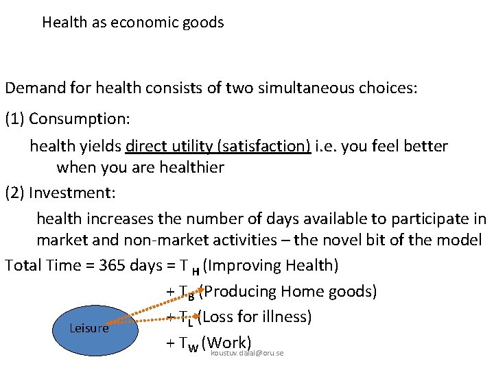 Health as economic goods Demand for health consists of two simultaneous choices: (1) Consumption: