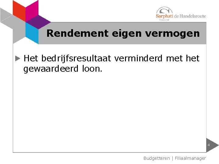 Rendement eigen vermogen Het bedrijfsresultaat verminderd met het gewaardeerd loon. 4 Budgetteren | Filiaalmanager