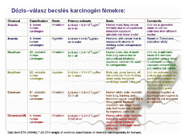 Dózis–válasz becslés karcinogén fémekre: 