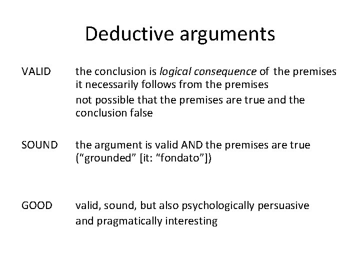 Deductive arguments VALID the conclusion is logical consequence of the premises it necessarily follows