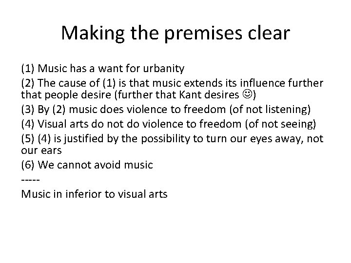 Making the premises clear (1) Music has a want for urbanity (2) The cause