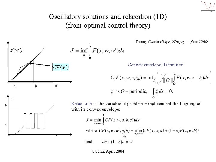 Oscillatory solutions and relaxation (1 D) (from optimal control theory) Young, Gamkrelidge, Warga, ….