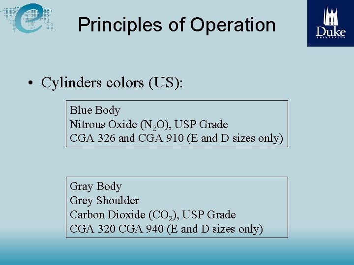 Principles of Operation • Cylinders colors (US): Blue Body Nitrous Oxide (N 2 O),